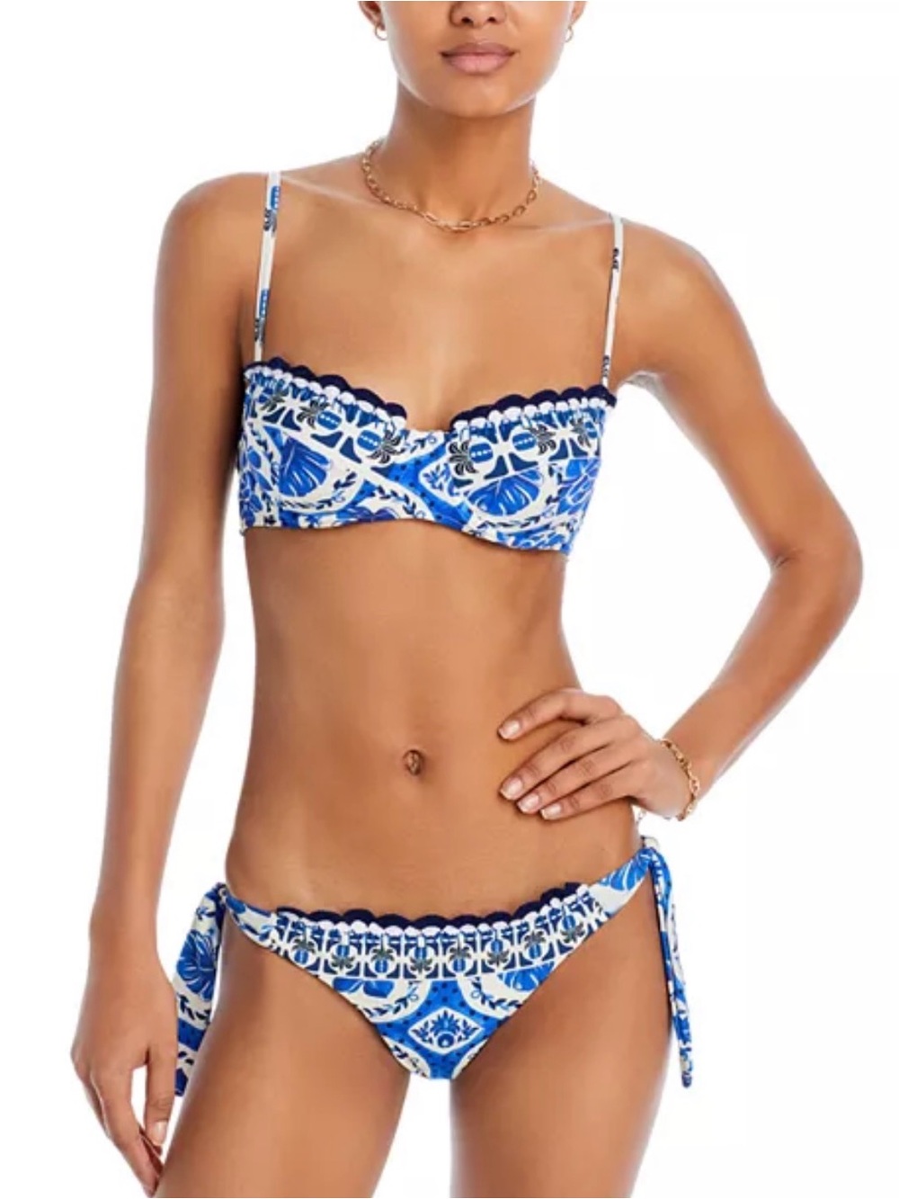 FARM Rio Blue and White Printed Tie-Side Bikini Top S Bottom M